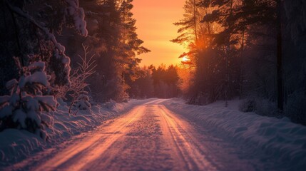 Poster - Road with trees in background and sun setting in sky