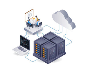 Poster - Web server application system development team, flat isometric 3d illustration infographic