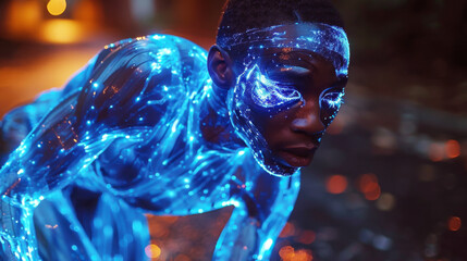 Poster - A man wearing a blue body suit with glowing lights illuminating his face.