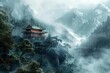 tranquil ancient japanese temple nestled in misty mountains fantasy digital painting