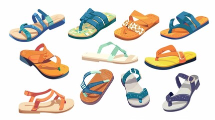 Wall Mural - A collection of fashion sandal illustrations set against a white background, featuring summer shoes in cartoon vector format, showcasing diverse styles of sandals