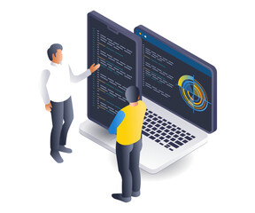 Poster - Team of programmers computer technology analysts isometric flat illustration