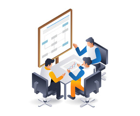 Poster - Team discussion about the development of business ideas, infographic illustration 3d flat isometric