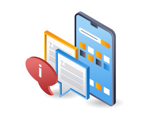 Poster - Smartphone social media conversation application, infographic 3d flat isometric illustration