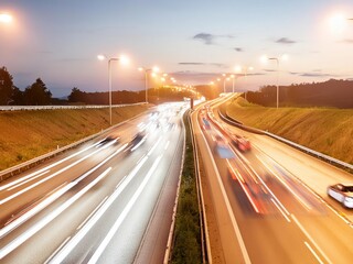 Wall Mural - Highway with long exposure lights at night, cars driving fast on the highway in motion blur. 