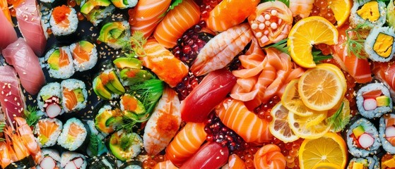 Delicious of sushi, captured in a vibrant food collage assorted layout, sharpening the appeal in every bite, banner of text