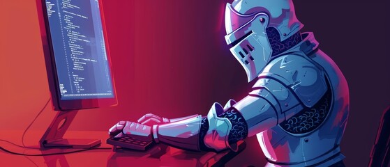 Depicting a medieval knight coding at a modern computer, this quirky juxtaposition in a digital art style adds a unique twist, suitable for an innovative banner template