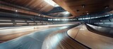 Fototapeta  - Experience the silent grandeur of a velodrome with futuristic enhancements, showcasing an empty track that whispers tales of speed and innovation, with copy space