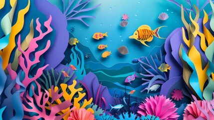 Fantasy scenes of a vibrant reef, alive with colors and marine wonders, illustrated in paper art styles, banner template sharpen with copy space