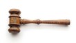 Wooden gavel seen from above on a white background Tiny hammer