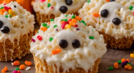 Wall Mural - Rice cereal treats for Halloween with vanilla frosting and festive sprinkles putting sprinkles on top