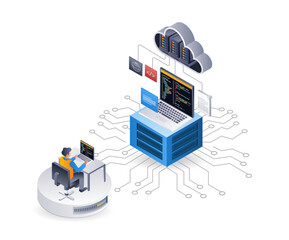 Leinwandbilder - Programmer maintains technology cloud server, isometric flat 3d illustration infographic