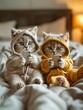 Two funny red meme kittens in pajamas and hoods looking at smartphones