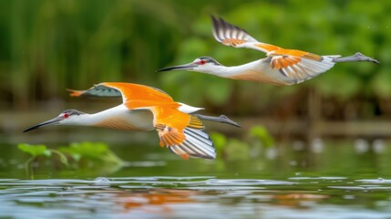 An elegant shot of two Yucatan Jays in flight, with their reflection in the water, showcasing freedom and synchronicity