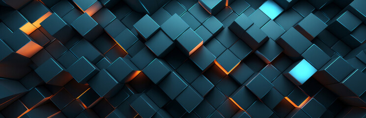 Poster - Modern Geometric Pattern With Blue Cubes And Orange Highlights. Futuristic Blue 3D Cubes, Abstract Design. Generative AI