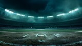 Fototapeta  - The solitude of an empty baseball stadium, transformed into a scene from a scifi film with hightech imagery and visionary lighting, includes copy space