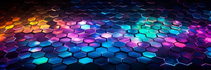 Poster - Futuristic Hexagonal Neon Background. Abstract Colorful Hexagon Pattern With Neon Lighting. Hexagonal Wallpaper. Generative AI