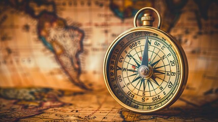 Antique compass rests on a world map, symbolizing adventure, exploration, and historical navigation