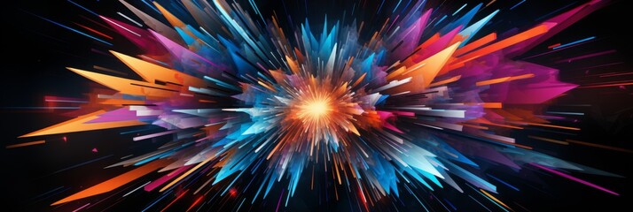 Poster - Abstract Expression Of Quantum Leap, Dynamic Movement And Energy. Explosive Burst Of Colorful Geometric Shapes. Generative AI