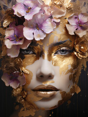 Wall Mural - Beautiful woman face with gold and purple flower bouquet art. Girl portrait oil or acryl painting. Natural beauty, health, makeup concept. Background for design poster, greeting card, banner, flyer, 