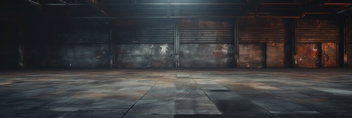 Old Factory Room With Rusty Metal Doors And Concrete Floors. Abandoned Industrial Warehouse Interior. Generative AI