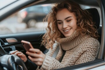 Wall Mural - Smiling woman using mobile sitting in car