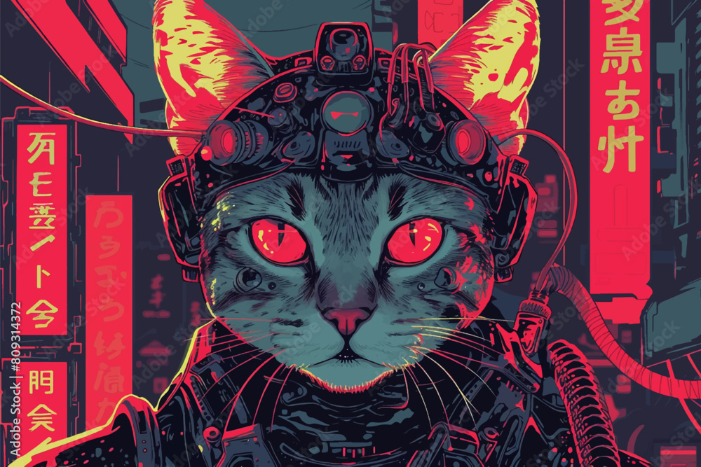 Futuristic neon cyber cat in cyberpunk style on a black background ...