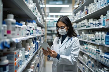 Wall Mural - Pharmacist with tablet computer taking inventory