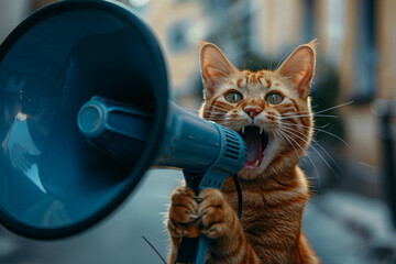 photo of ginger cat holding megaphone, looking at camera and screaming, blue color scheme