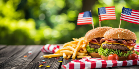 An American Independence Day celebration with a classic burger and fries on a picnic table adorned with the U.S. flag.
