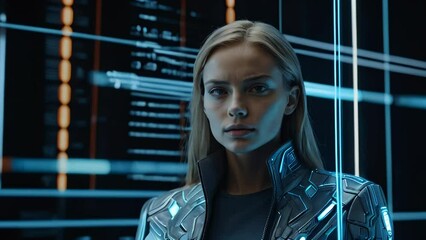 Poster - Female hologram portrait behind a futuristic digital screen
