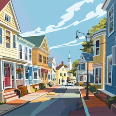 Wall Mural - Street view of the old town in the summer. Vector illustration.