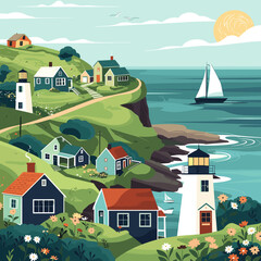 Wall Mural - Seascape with houses and lighthouse. Vector illustration in flat style