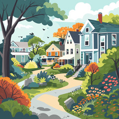 Wall Mural - Colorful houses on the background of nature. Vector illustration in flat style.