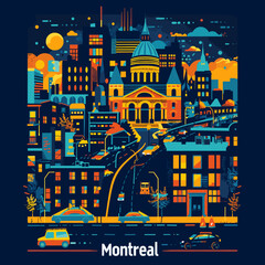 Wall Mural - Vector illustration of a city on a dark blue background. Urban landscape.