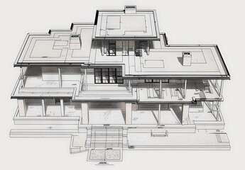 Aufkleber - Wireframe rendering of a contemporary house with technical details