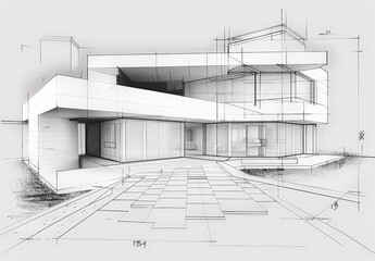 Aufkleber - Wireframe rendering of a contemporary house with technical details