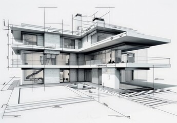 Leinwandbilder - Wireframe rendering of a contemporary house with technical details