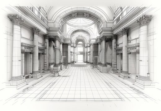 Wireframe rendering of an ancient building in the classical style