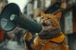 a ginger cat holding megaphone and shouting, street photography, cinematic, color grading