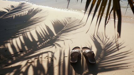 Wall Mural - An image capturing beach shoes cast in the shadow of a palm tree, subtly suggesting a leisurely beach setting