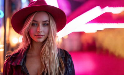 Wall Mural - Portrait of a young blonde woman with cute hat and neon lights in the background. Beautiful model with boho chic style. Copy space