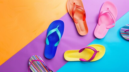 Wall Mural - Multicolor beachwear featuring various styles of flip-flops, encapsulating the colorful and diverse options available for summer beach activities