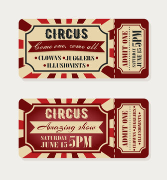 Vintage circus tickets. Vector illustration isolated on white background.