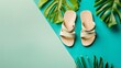 Walking women's summer sandals set against a green and blue background, presented in a minimal summer concept that emphasizes simplicity and style