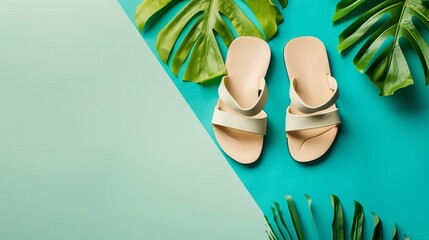 walking women's summer sandals set against a green and blue background, presented in a minimal summe