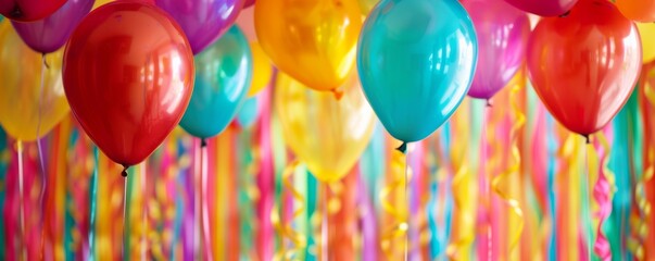 Colorful balloons with festive ribbons background