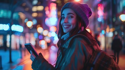Wall Mural - Beautiful Young Woman Using Smartphone Walking Through Night City Street Full of Neon Light, Portrait of Gorgeous Smiling Female Using Mobile Phone