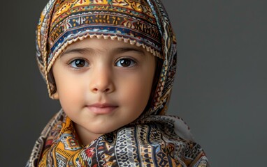 Wall Mural - A little boy wearing a scarf and hat, standing outdoors