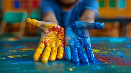 Wall Mural - A child with painted hands on a table covered in paint, AI